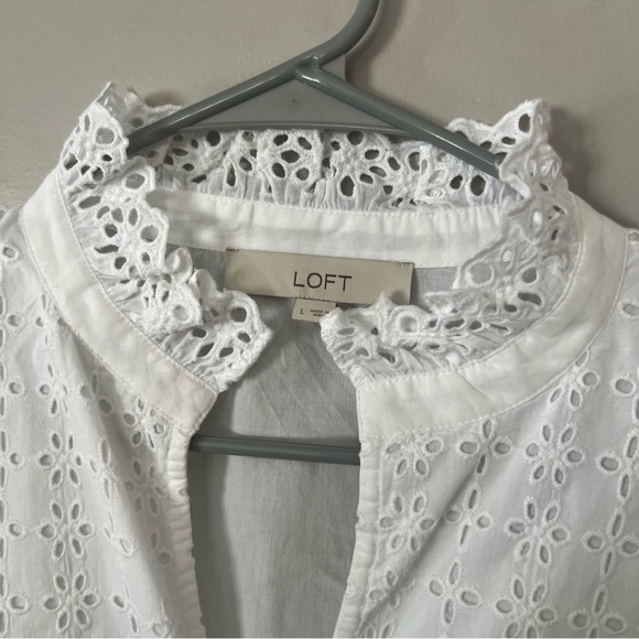 NWOT LOFT White Eyelet Ruffle Blouse Large Cotton Long Sleeve Cottagecore Chic - Picture 6 of 15